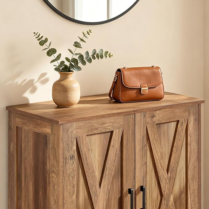 Homleke Farmhouse Shoe Cabinet with 2 Barn Doors & Wood Legs, 5-Tier Shoe Storage Cabinet with 3 Adjustable Shelves, Tall Shoe Rack Organizer for Closet, Shoe Organizer for Entryway, Rustic Walnut