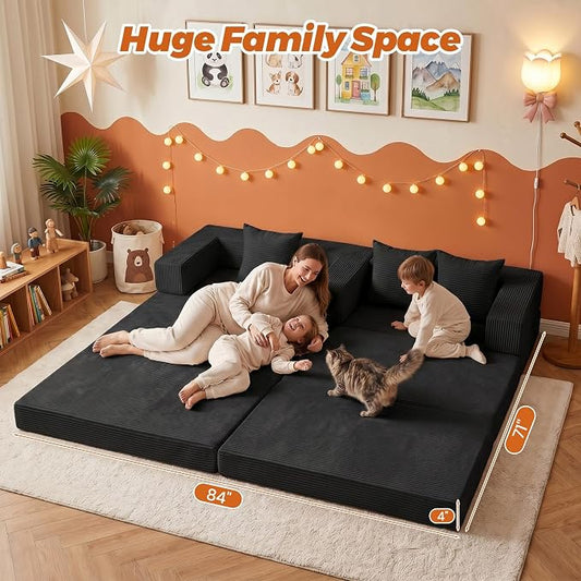 6-in-1 Boneless Couches Modular Sectional Sofa | Cloud Couch Sectional & Tri-Folding Mattress | Corduroy Pet-Friendly Convertible Sofa Bed with 800LB Capacity Living Room, Apartment, Guest Room