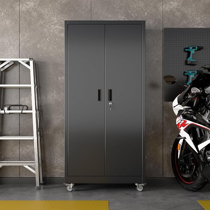 Aobabo Black Metal Garage Storage Cabinet with Wheels, 34"W x 18"D x 71"H | 5 adjustable shelves hold up to 170 lb each; 4 lockable casters and lockable doors organize tools and supplies.