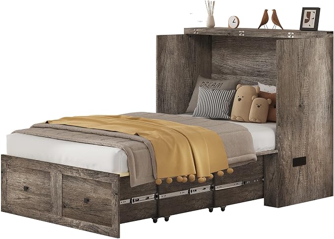 AMERLIFE Twin Murphy Bed Cabinet with Charging Station and Storage Drawer, Farmhouse Foldable Platform Bed for Home Office, Apartment, Small Spaces, Rustic Grey