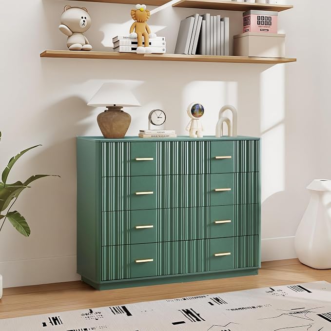 Fluted Dresser for Bedroom with 8 Drawers, 47" Wide Mid Century Modern Chest of Drawers, Wooden Dresser TV Stand, Wood Closet Clothes Storage Organizer for Living Room Hallway, Green