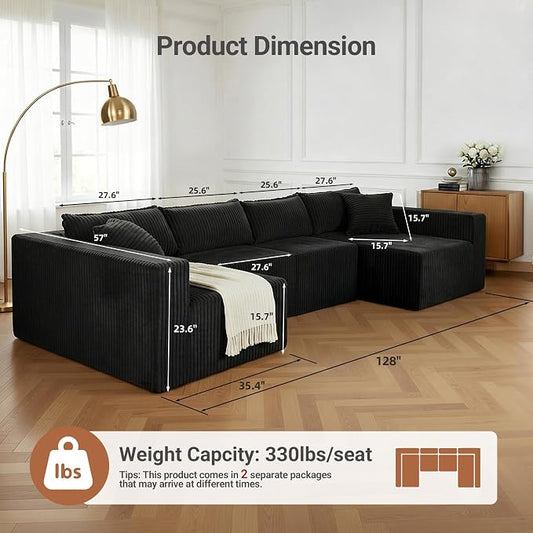 Claiks 128" U-Shaped Modular Sectional Sofa No Assembly Required, Oversized Cloud Couch with Double Chaise, Corduroy Fabric for Living Room & Apartment, Black