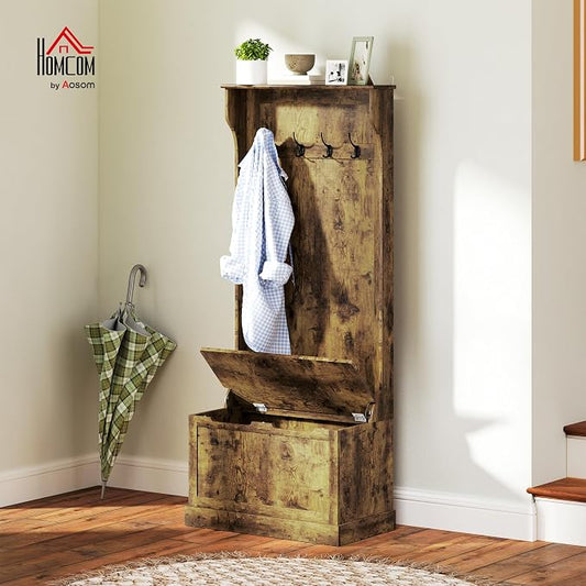 HOMCOM Hall Tree with Bench and Shoe Storage, 3-In-1 Entryway Bench with Coat Rack, 4 Hooks and Flip Top Storage Compartment, Rustic Brown