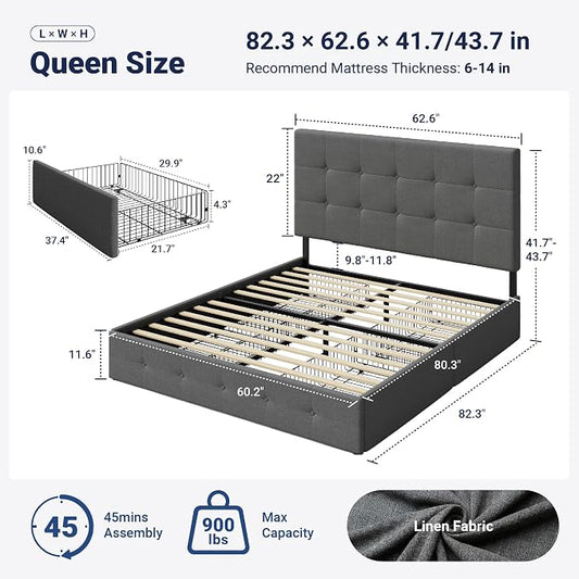 Allewie Upholstered Queen Size Platform Bed Frame with 4 Storage Drawers and Headboard, Square Stitched Button Tufted, Mattress Foundation with Wooden Slats Support, No Box Spring Needed, Light Grey