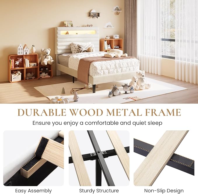 SHA CERLIN Twin Bed Frame with LED Light & 2-Tier Storage Shelf, Velvet Upholstered Adjustable Headboard with Charing Station, Horizontal Channel Tufted, No Box Spring Needed, Easy Assembly, White