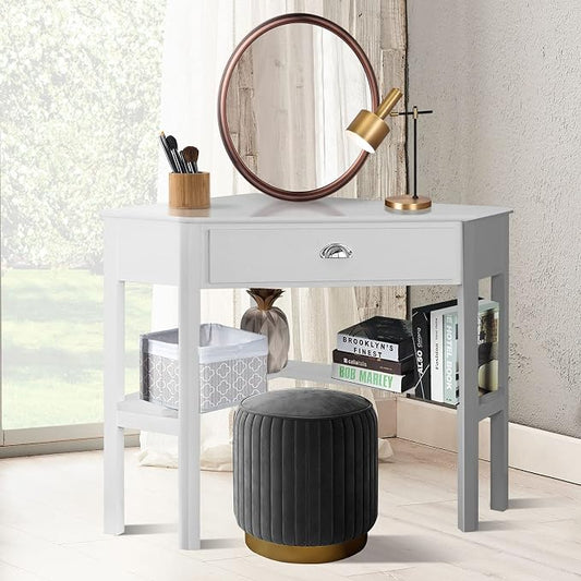LDAILY White Corner Desk, Triangle Corner Computer Desk for Small Space, Compact Writing Desk with Storage Shelves & Drawer, Space Saving Small Makeup Vanity Desk for Bedroom, Home Office