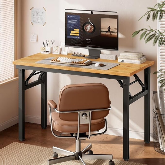 DlandHome Folding Desk for Small Spaces, 35.8'' Computer Desk Folding Table, Foldable Office Desk Computer Table Writing Workstation for Home Office, Study, Bedroom, No Assembly Required, Teak & Black