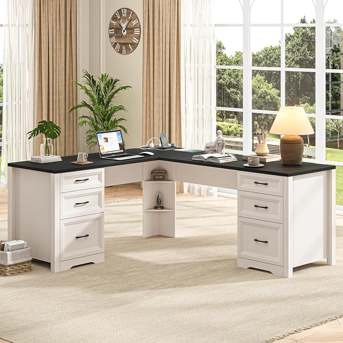 Vabches Wood L Shaped Executive Desk with 6 Drawers, Farmhouse Home Office Desk with Power Outlets and Triangle Under-Desk Storage Shelf & Drawer File Cabinet, Corner Computer Desk, Black