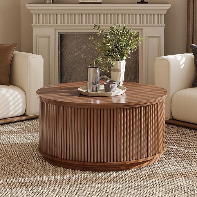 LYNCOHOME 31.5'' Fluted Flip Top Round Coffee Table with Storage, Circle Coffee Table, Modern Coffee Table for Living Room, Center Table for Living Room, Home Office, Dark Brown, Walnut