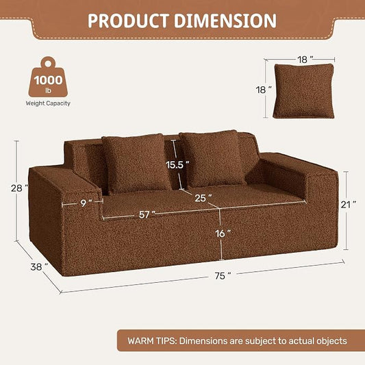 75'' Cloud Loveseat Sofa, No Assembly Required Comfy Deep Seat Couches 1 pcs for Living Room, Bedroom, Apartment(Teddy Fabric-Brown)