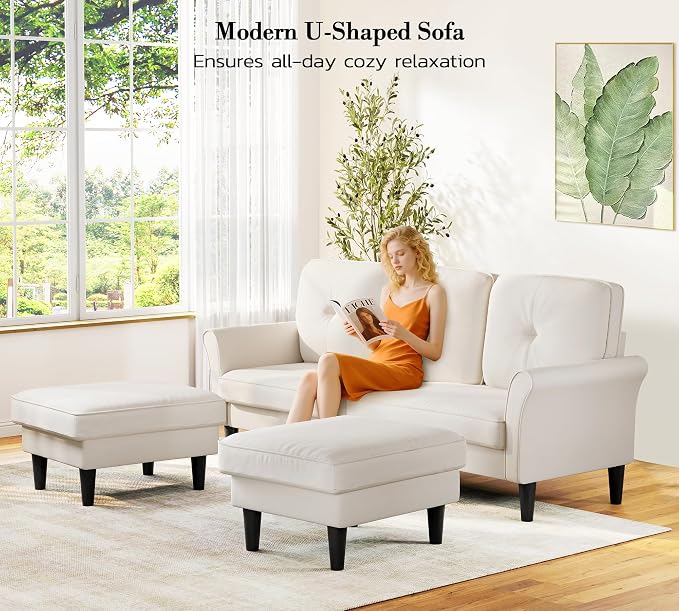 Small Sectional Couch, 83" U Shaped Couch, Comfy Velvet Couches for Living Room, Tool-Free Setup Modular Sectional Sofa, 850lbs Load Sofas for Living Room with 2 Movable Ottomans, White Couch