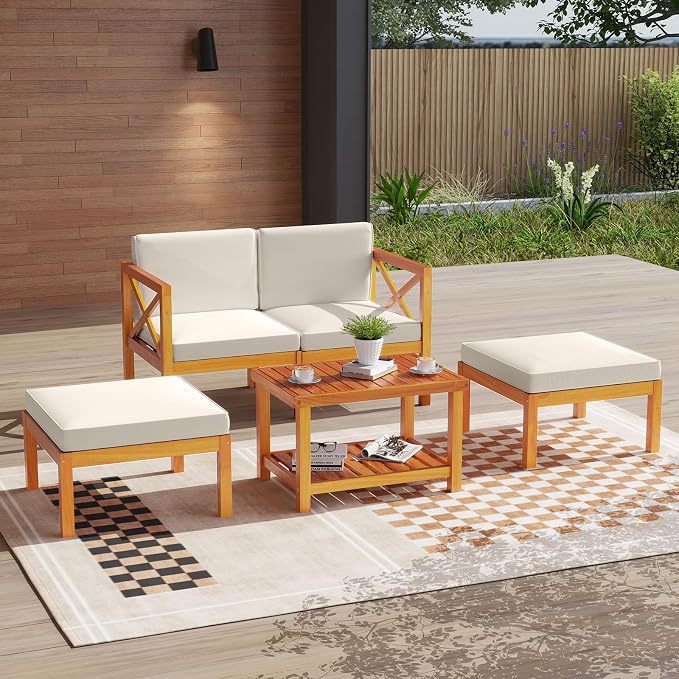 Tangkula 5 Pieces Acacia Wood Patio Chaise Lounge Chair Set with Ottomans and Cushions, Outdoor Patio Chairs Set with 2-Tier Coffee Table, Outdoor Conversation Set for Garden, Backyard and Poolside