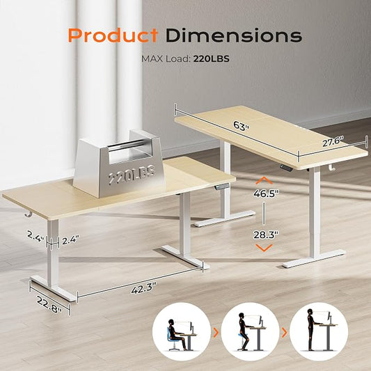 Huuger 63 x 28 Large Electric Standing Desk, Height Adjustable Computer Desk, 27.6" Deep Desktop, Stand up Gaming Office Table with 2 Hooks, 3 Preset Heights, for Home Office, Maple