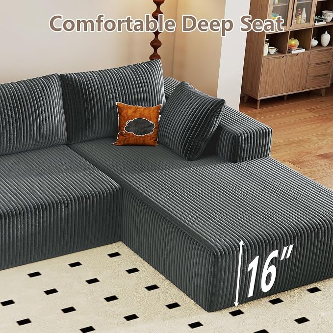 95" Cloud Sectional Couch U-Shaped Chaise with Ottoman, Corduroy Boneless Couch for Living Room Bedroom, Deep-Seat Upholstered Modular Cloud Sofa, No Assembly Required (Grey, Right Facing Chaise)