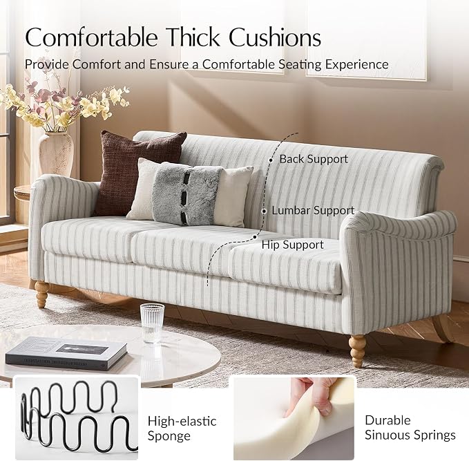 HULALA HOME Farmhouse Curved Couch with Stripe Pattern, 3 Seater Sofa with Solid Wood Spindle Legs and Rolled Wide Armrests, Comfy Upholstered Sofa for Living Room Bedroom, Grey