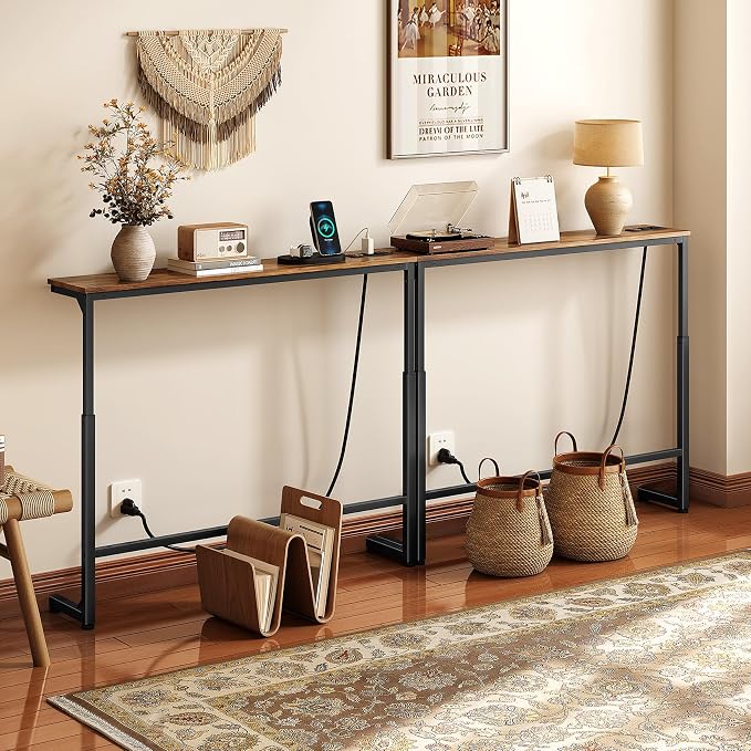 Kitstorack Narrow Sofa Table with Charging Station, 78.8" Behind Couch Table, Adjustable 24.4"-32.7" Height, Modular 2-piece Design for sectionals, entryways, Apartments, and Narrow Living Spaces