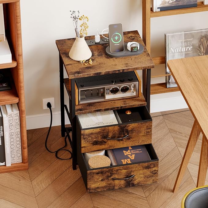Fixwal Rustic Brown Night Stand with Charger Station, Nightstand with Charging Station & Fabric Drawers
