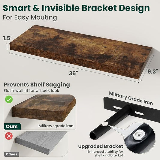 Floating Shelves for Wall 36 in x 9.3 in Deep, Wall Mounted Rustic Wood Shelf with Invisible Brackets for Storage & Display, Living Room Bedroom Bathroom, Brown, 2 Pack