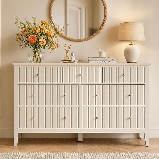 RoyalCraft 7 Drawer Dresser for Bedroom, 53" Wide Modern Wooden Chest of Drawers with Metal Handles, Painted Surface, Sturdy and Stable Storage Cabinet for Living Room, Beige