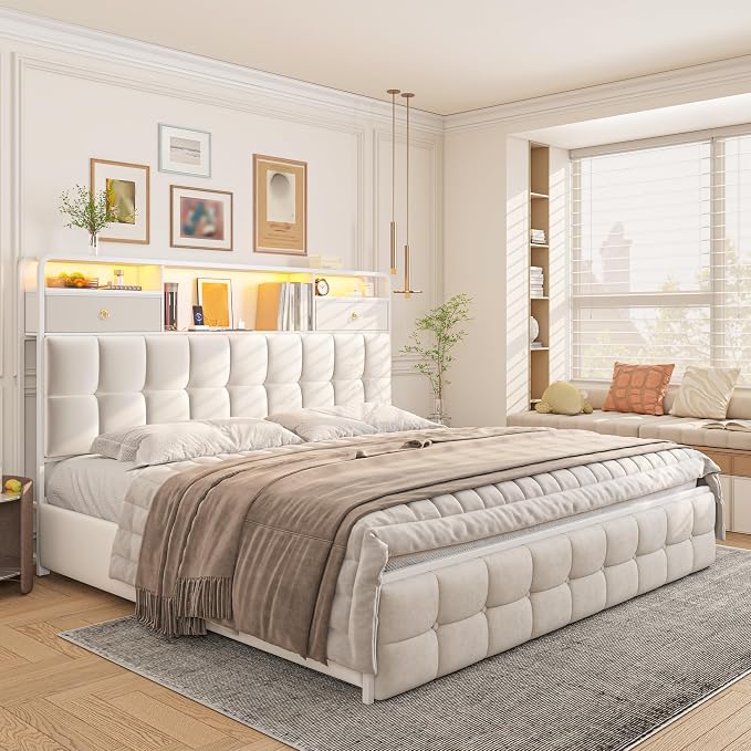 EnHomee King Size Bed Frame with 6 Storage Drawers and LED Lights,Bed Frame King Size with Velvet Upholstered Headboard and Charging Station,No Box Spring Needed,Noise-Free,Easy Assembly,Modern,Beige