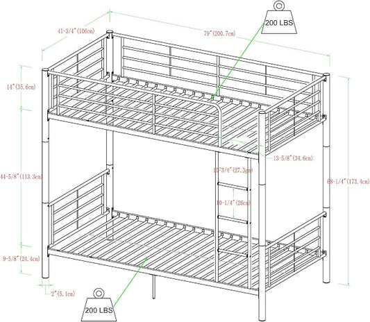 Walker Edison Elodie Urban Industrial Twin Over Twin Metal Bunk Bed, Twin Over Twin, Silver