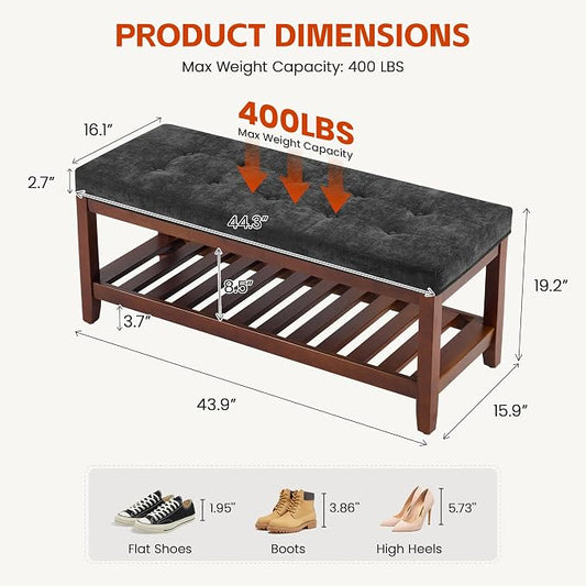 HUBSON 44" Entryway Shoe Bench, Upholstered End of Bed Bench with Solid Wood Shelf, Button Tufted Shoe Bench for Bedroom, Hallway, Living Room, Light Grey