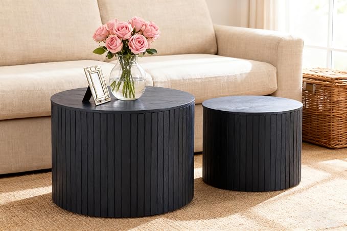 Nesting Coffee Tables Set of 2, Black Round Coffee Tables with Storage, Modern Fluted Circle Coffee Tea Table, Accent Wooden Drum Side End Table for Small Spaces Living Room