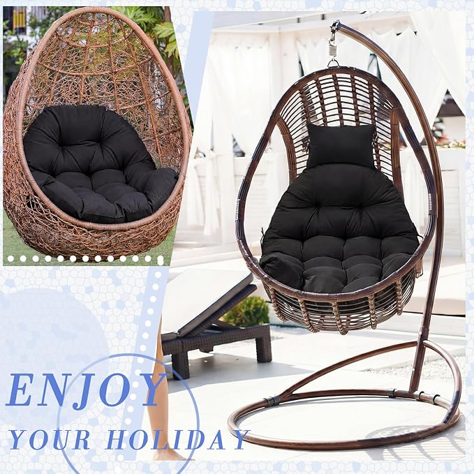 Tudomro Waterproof Egg Chair Cushion with Pillow Filling 2.58 kg Replacement Rocking Wicker Chair Cushion 48" x 32" High Back Hanging Swing Hammock Pad Thicken for Outdoor Patio Garden(Black)