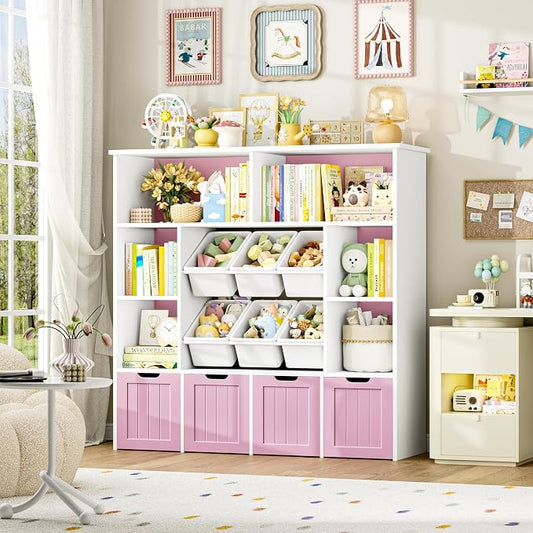 FINETONES Toy Storage Organizer with 6 Toy Bins, Toy Organizer Kids Bookshelf with 4 Movable Drawers and 6 Storage Cubbies, Toy Bins for Kids Organizer Playroom Storage for Living Room, Pink