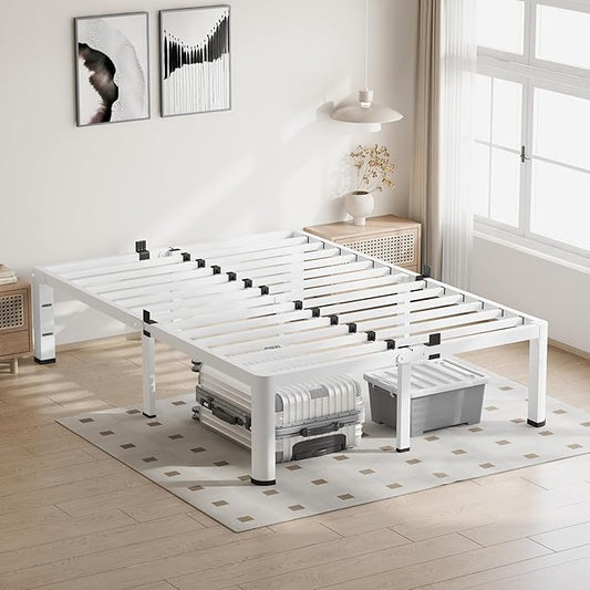 VIPSHOW 12 Inch White Queen Bed Frame, 3500Lbs Heavy Duty Metal Platform with Round Corner Legs Mattress Slide Stopper, Steel Slat Support No Box Spring Needed, Noise Free, Non-Slip, Easy Assembly