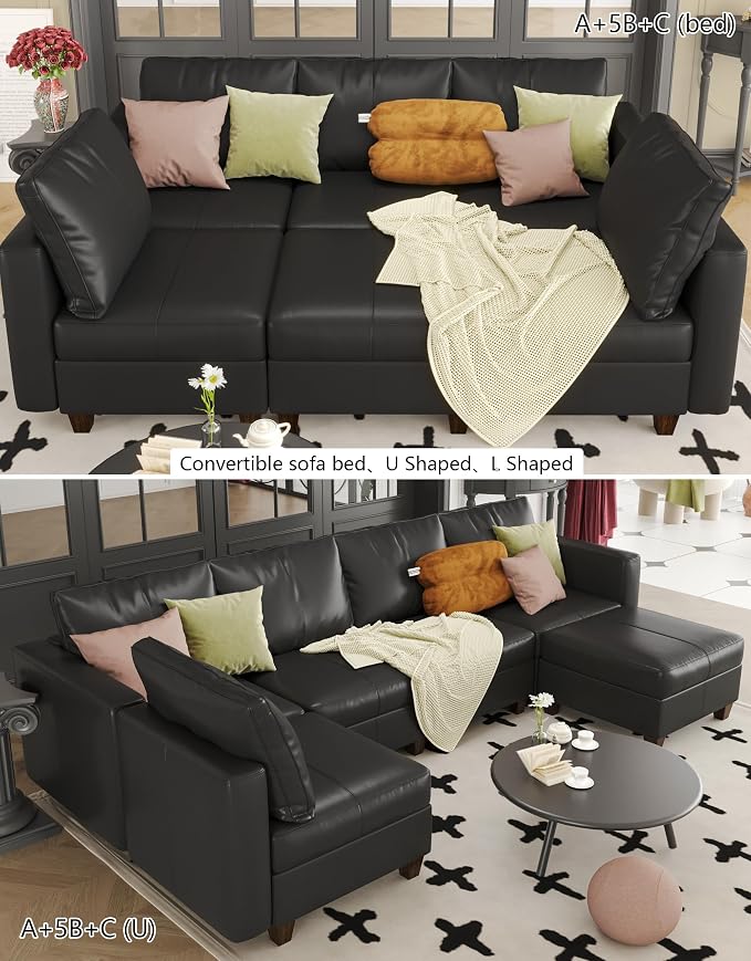 EASE MOOSE Faux Leather Modular Sleeper Couch Sectional Sofa Bed with Storage,Convertible Faux Leather Sectional Sofa,Black