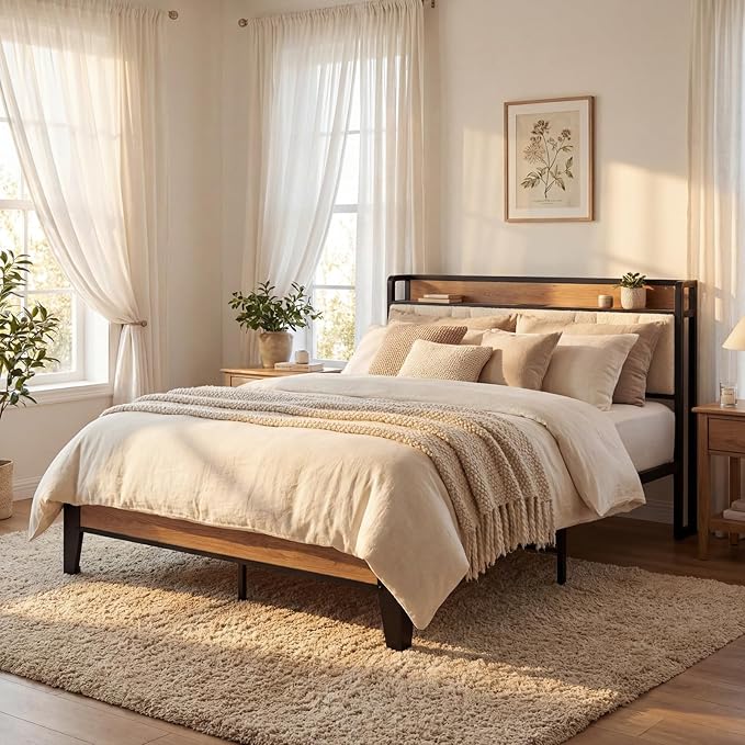 LIKIMIO Full XL Bed Frames, Storage Headboard with Charging Station, Solid and Stable, Noise Free, No Box Spring Needed, Easy Assembly, Wood and Cream