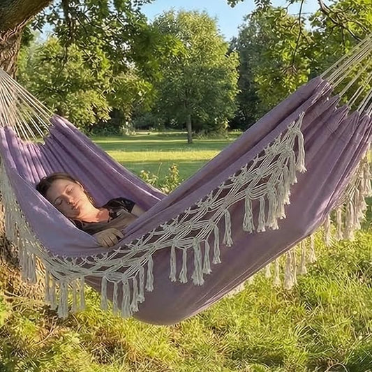 Double Boho Macrame Hammock with Elegant Tassels for Patio, Yard, Beach Wedding Decor, Outdoor and Indoor Up to 450lbs Include Tie Ropes and Drawstring Bag ( Light Purple)