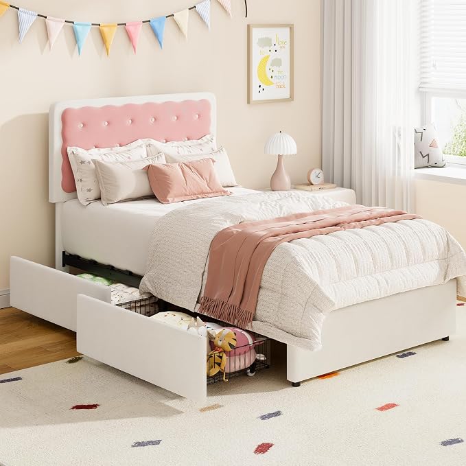 Garvee Twin Bed Frame with Biscuit Tufted Velvet Headboard, Cream White & Pink Upholstered Platform Bed with 2 Storage Drawers, Sturdy Wood Slats, No Box Spring Needed, Easy Assembly