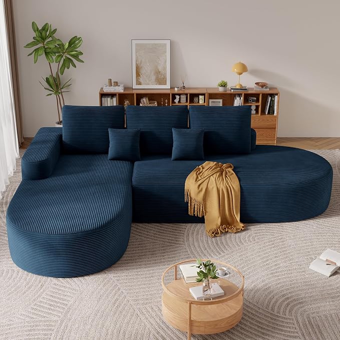 112" Modern Curved Cloud Couch, Boneless Couches for Living Room with Deep Seat, Memory Foam Compressed Modular Sectional Sofa, No Assembly Required,Navy Blue 1 PCS