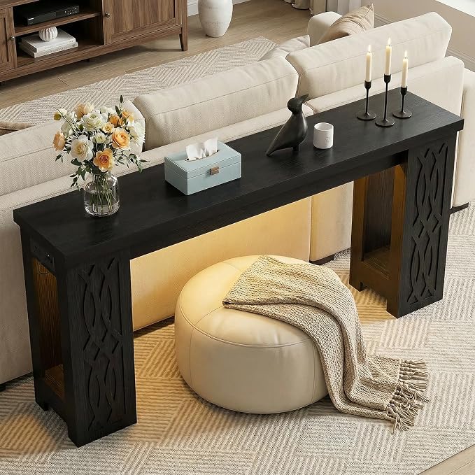 Cyclysio 63" Console Table with Outlet, Farmhouse Entryway Table with Colorful LED Lights, Wooden Sofa Table with Unique Carved Design, Foyer Accent Table for Entrance, Hallway, Living Room