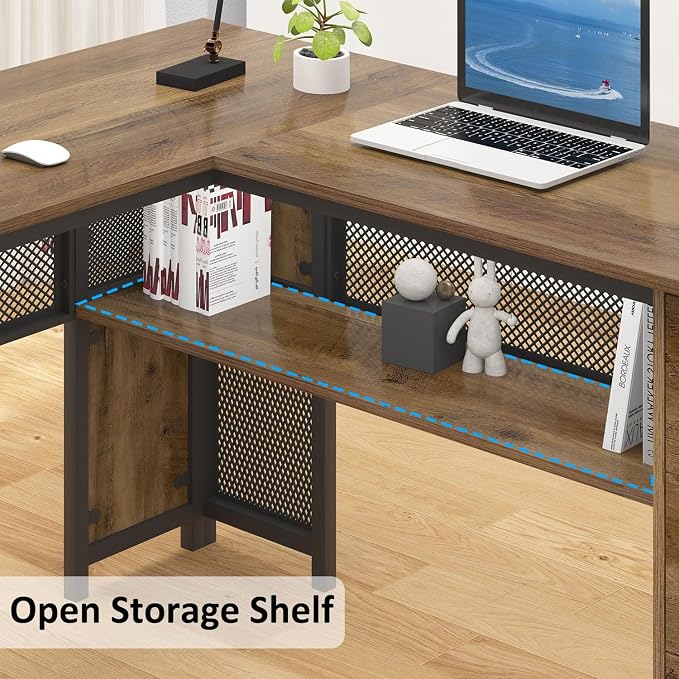 HSH Large L Shaped Home Office Desk with Drawers, Rustic L-shaped Computer Desk with Storage File Cabinet Shelves, Corner Reversible Metal Wood Executive Work Study Writing Table, 59 Inch Bedroom Desk