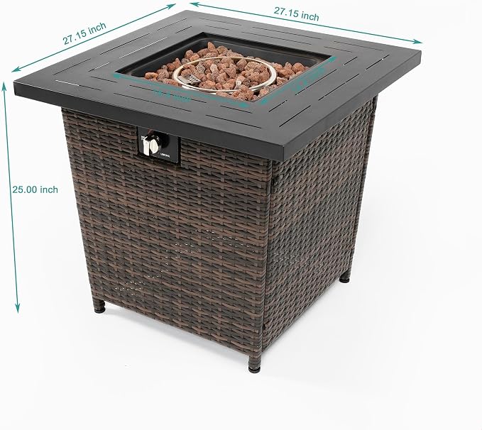 GDFStudio 28" Outdoor Propane Gas Fire Pit Table, 50000 BTU Square Patio Heater with Rattan Wicker Base & Black Steel Top, Outdoor Table for Garden, Deck, Backyard, Brown