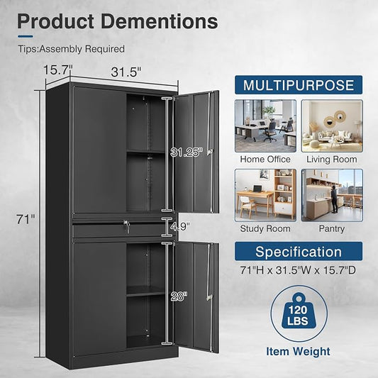 Black Metal Storage Cabinet with Lock, 71" Tall Garage Storage Cabinets with Doors and Shelves, Lockable Tool Caninet Steel Locking Cabnets File Cabinet for Home Office, Garage, Pantry