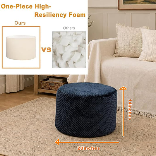 Poofieotto 20"x14" Round Foam Stuffed Pouf Ottoman - Modern Floor Foot Rest & Seating for Living Room, Bedroom, or Couch - Stylish Home Decor Accent (Navy)