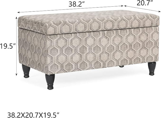 Asense Upholstered Storage Ottoman Hinged-lid Linen Bench Rectangular Footstools Accent Furniture for Bedroom Living Room Entryway, Beige & Light Grey Patterns