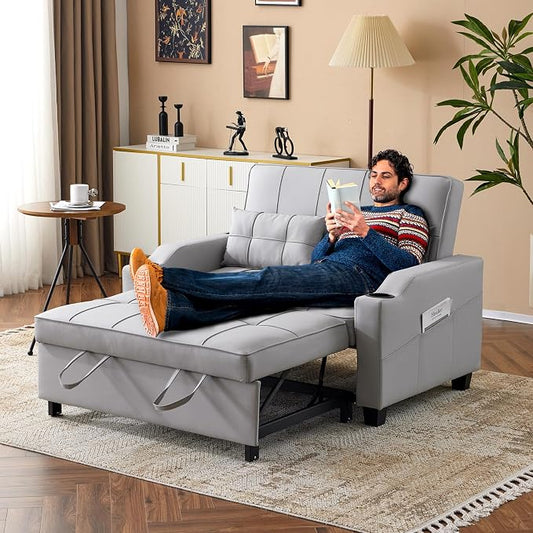 VINGLI Convertible Loveseat Sleeper Sofa, Light Grey Faux Leather Futon Sofa Bed Pullout Couch Bed with USB Ports, Cup Holders, Armrest for Living Room, Bedroom, Home Office Apartment