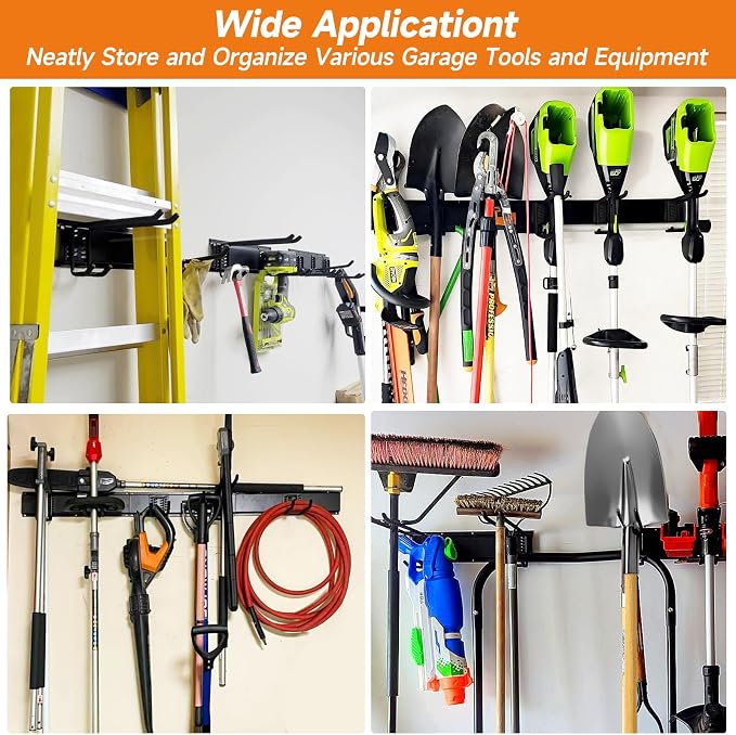 Garage Tool Organizer Wall Mount, Heavy Duty 48 Inches Garage Organization and Storage Racks for Yard Tools with 6 Hooks, Tool Hangers Holders for Hanging Folding Chair, Rake and Shovel