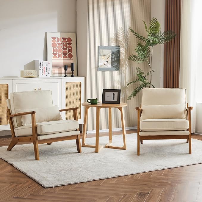 Karl home Mid-Century Lounge Accent Chair, Beige | Wide Curved Armrest, Linen Fabric, Lumbar Pillow Included, Solid Wood Frame, For Living Room, Bedroom, Balcony, Apartment