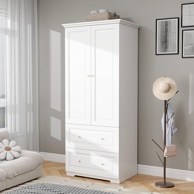 White Wardrobe with 2 Drawers: 74" Wooden Wardrobe Closet for Hanging Clothes, Tall Armoire Closet with 2 Doors, Bedroom Armoires with Hanging Rod (32")