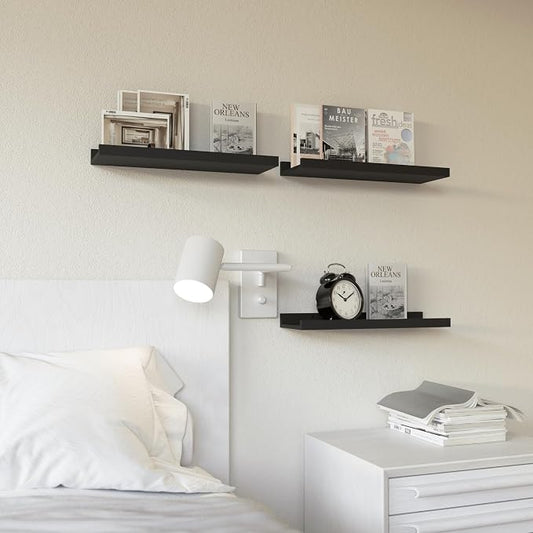 RICHER HOUSE 3 Set Floating Shelves for Wall, 16 inches Black Wall Mounted Shelves with Lip for Storage, Display Picture Ledge Shelf for Bedroom Bathroom Kitchen Living Room Decor, Modern Black