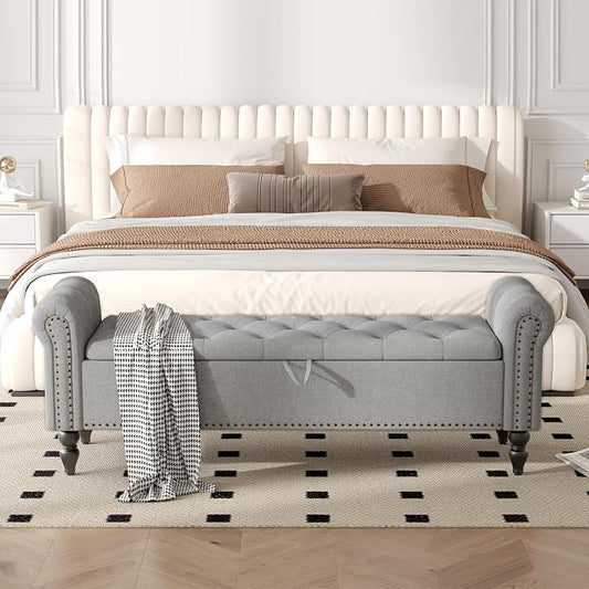 Furniliving 63” End of Bed Bench, Bedroom Bench with Button-Tufted, Large Upholstered Storage Ottoman Benches Entryway Bench with Storage Shoe Cabinet Bench, for Bedroom, Living Room, Linen, Grey