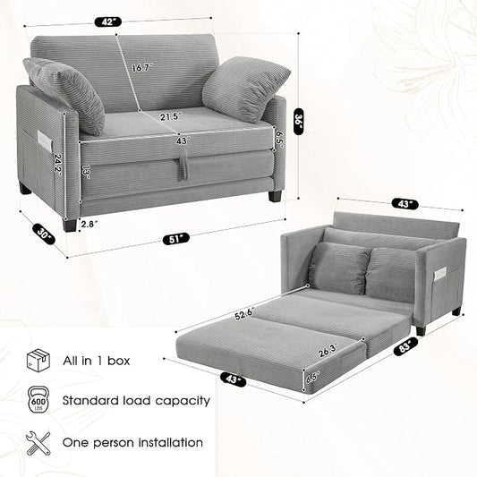 51" Convertible Loveseat Sofa Bed, 2-in-1 Folding Sofa Bed with 2 Pillow for Small Spaces, Modern Loveseat Sleeper Couch for Apartment, Living Room & Guest Room (Light Grey Corduroy, 51 inch)
