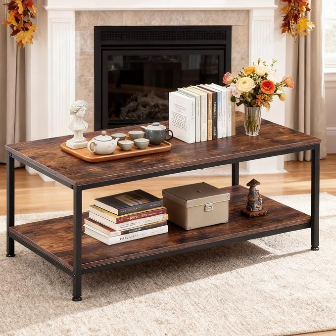 SUPER DEAL 2-Tier Coffee Table with Storage Shelf for Small Apartment Living Room, Rectangle Wood and Stable Metal TV Stand Side End Table, Rustic Brown