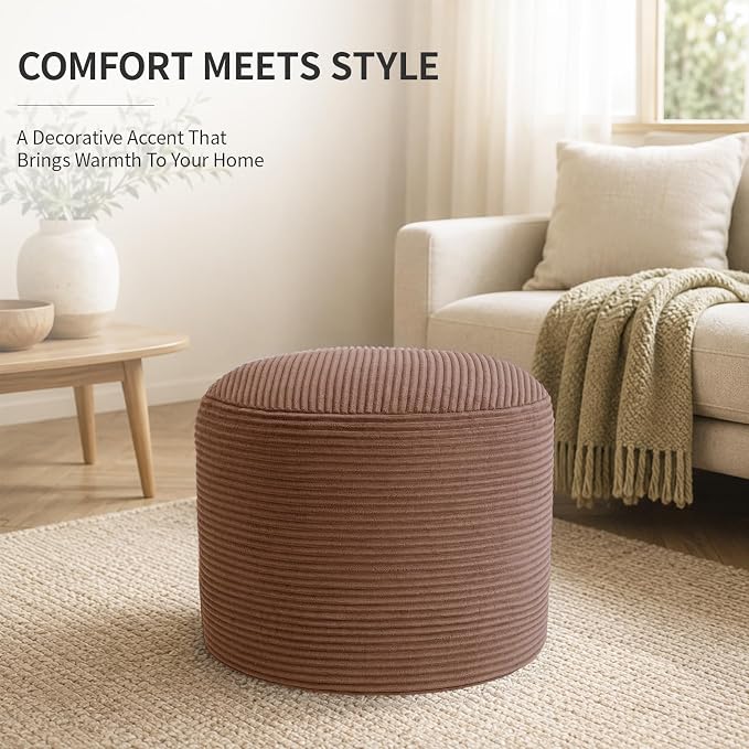 Stuffed Pouf Ottoman Foot Rest with 2.8-inch Solid Foam Base | Odorless Filling Resists Clumping, Washable Corduroy Cover, Round Foot Stool for Living Room Couch Lounging and Home Decor